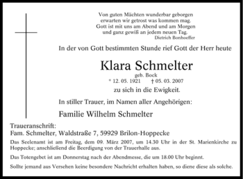 Traueranzeige von Klara Schmelter von Tageszeitung