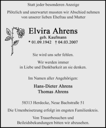 Traueranzeige von Elvira Ahrens von Tageszeitung