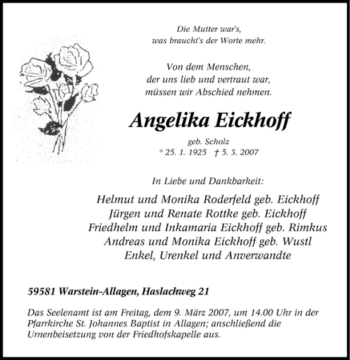 Traueranzeige von Angelika Eickhoff von Tageszeitung