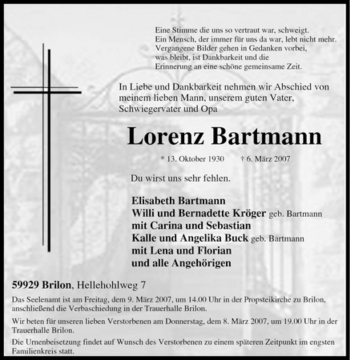 Traueranzeige von Lorenz Bartmann von Tageszeitung