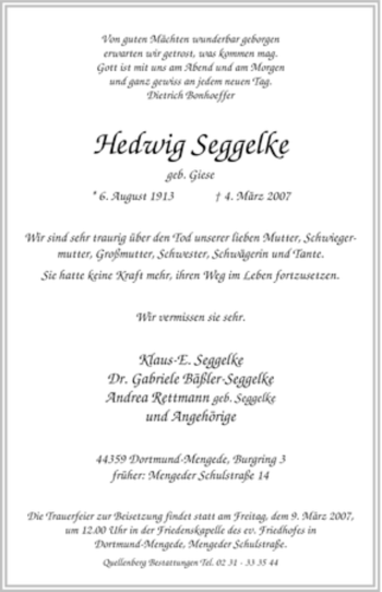 Traueranzeige von Hedwig Seggelke von Tageszeitung