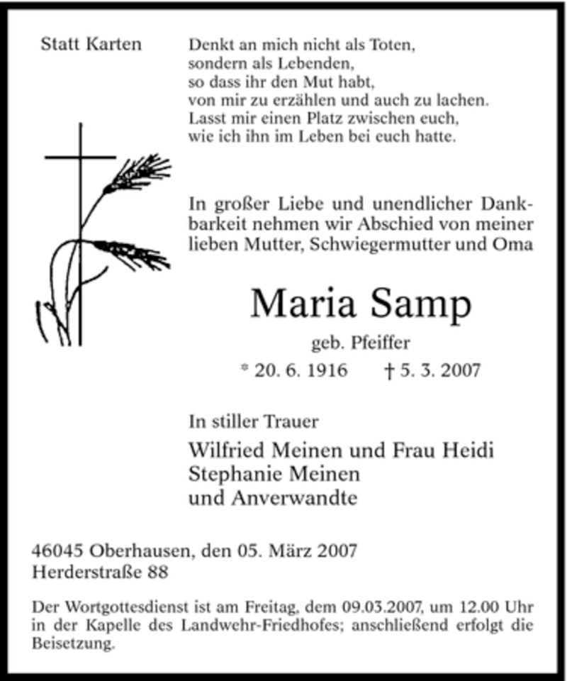  Traueranzeige für Maria Samp vom 07.03.2007 aus Tageszeitung