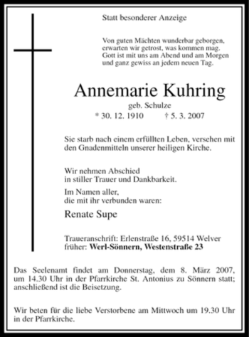 Traueranzeige von Annemarie Kuhring von Tageszeitung