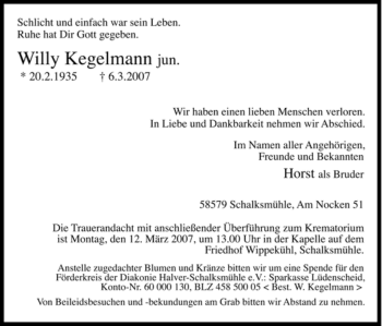 Traueranzeige von Willy Kegelmann von Tageszeitung