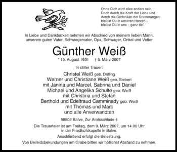 Traueranzeige von Günther Weiß von Tageszeitung
