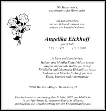 Traueranzeige von Angelika Eickhoff von Tageszeitung
