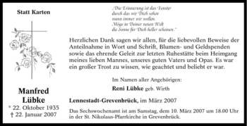 Traueranzeige von Manfred Lübke von Tageszeitung