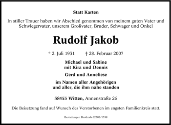 Traueranzeige von Rudolf Jakob von Tageszeitung