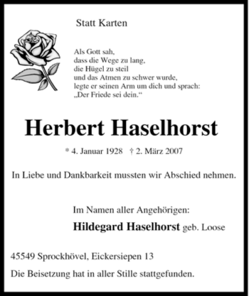 Traueranzeige von Herbert Haselhorst von Tageszeitung
