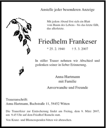 Traueranzeige von Friedhelm Frankeser von Tageszeitung