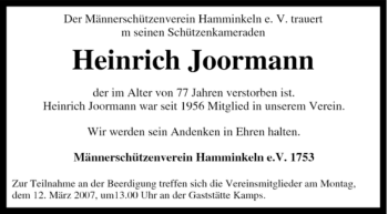 Traueranzeige von Heinrich Joormann von Tageszeitung