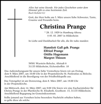 Traueranzeige von Christina Prange von Tageszeitung
