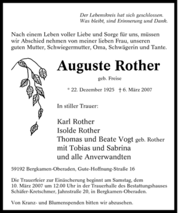 Traueranzeige von Auguste Rother von Tageszeitung