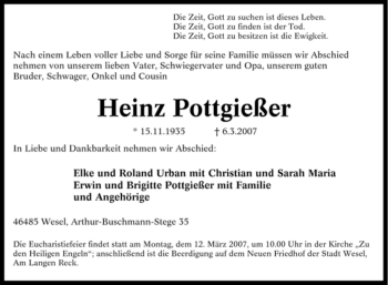 Traueranzeige von Heinz Pottgießer von Tageszeitung