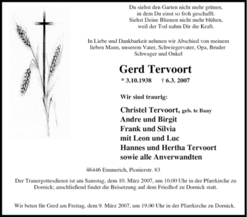 Traueranzeige von Gerd Tervoort von Tageszeitung