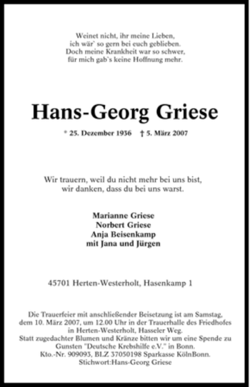 Traueranzeige von Hans-Georg Griese von Tageszeitung