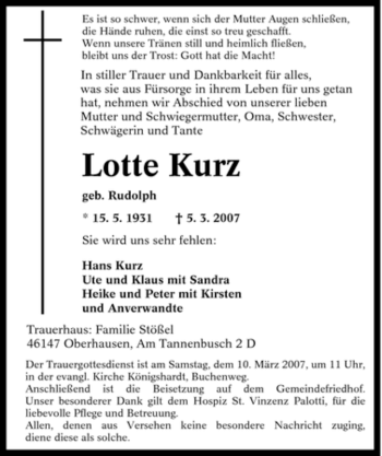 Traueranzeige von Lotte Kurz von Tageszeitung