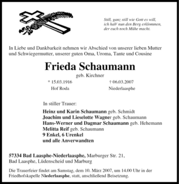 Traueranzeige von Frieda Schaumann von Tageszeitung