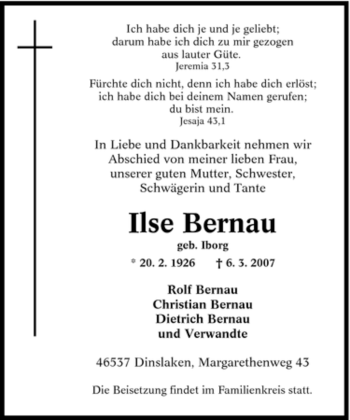 Traueranzeige von Ilse Bernau von Tageszeitung