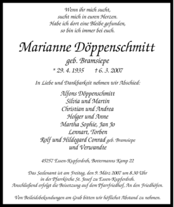 Traueranzeige von Marianne Döppenschmitt von Tageszeitung