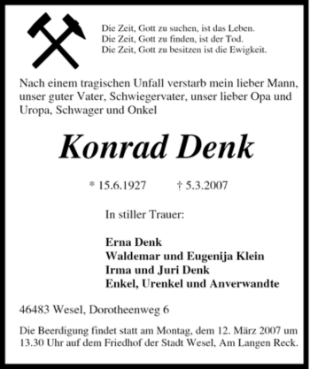 Traueranzeige von Konrad Denk von Tageszeitung