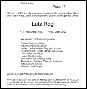 Traueranzeige von Lutz Rogl von Tageszeitung
