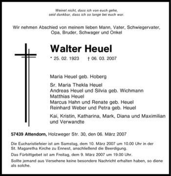 Traueranzeige von Walter Heuel von Tageszeitung