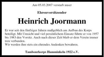 Traueranzeige von Heinrich Joormann von Tageszeitung