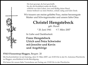 Traueranzeige von Christel Hengstebeck von Tageszeitung