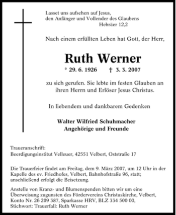Traueranzeige von Ruth Werner von Tageszeitung