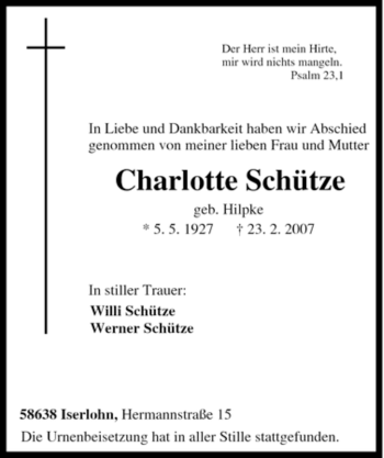 Traueranzeige von Charlotte Schütze von Tageszeitung