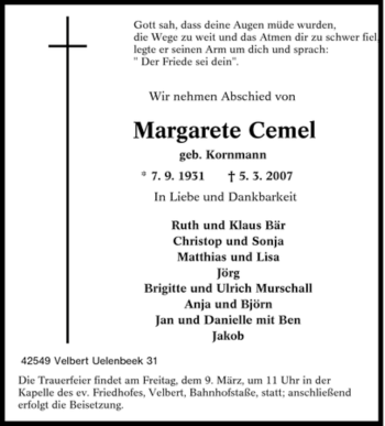 Traueranzeige von Margarete Cemel von Tageszeitung