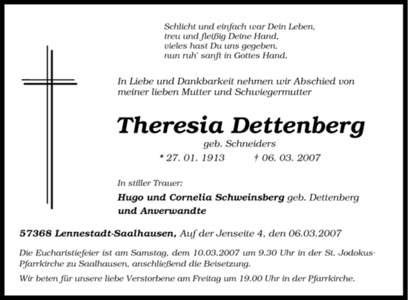  Traueranzeige für Theresia Dettenberg vom 08.03.2007 aus Tageszeitung