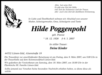 Traueranzeige von Hilde Poggenpohl von Tageszeitung