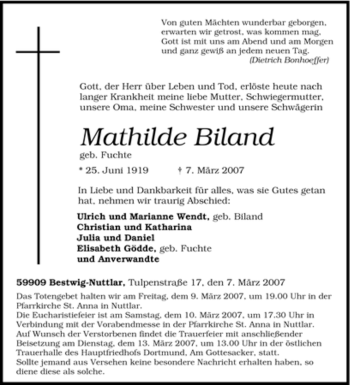 Traueranzeige von Mathilde Biland von Tageszeitung