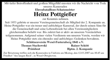 Traueranzeige von Heinz Pottgießer von Tageszeitung