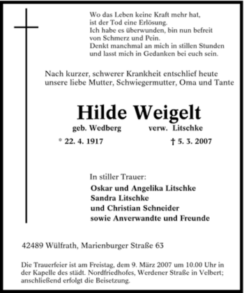 Traueranzeige von Hilde Weigelt von Tageszeitung