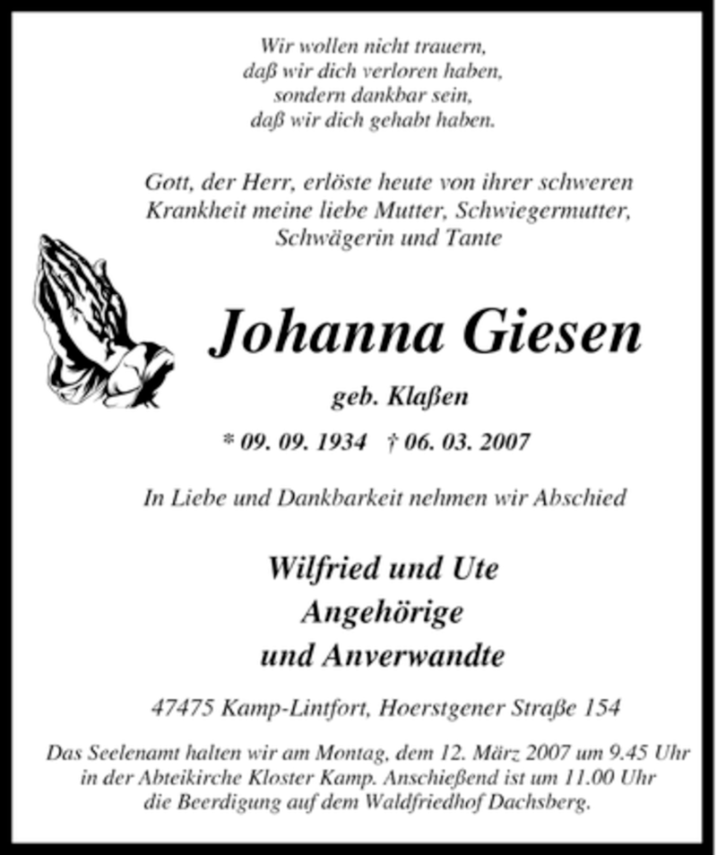 Traueranzeigen von Johanna Giesen | Trauer-in-NRW.de
