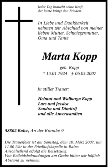 Traueranzeige von Marta Kopp von Tageszeitung
