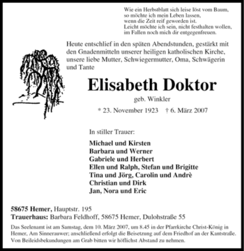 Traueranzeige von Elisabeth Doktor von Tageszeitung
