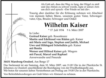 Traueranzeige von Wilhelm Kaiser von Tageszeitung