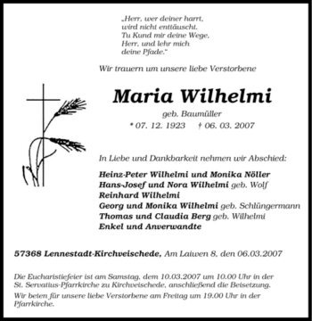 Traueranzeige von Maria Wilhelmi von Tageszeitung