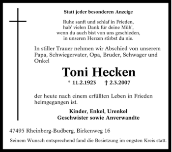 Traueranzeige von Toni Hecken von Tageszeitung