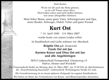 Traueranzeige von Kurt Ost von Tageszeitung