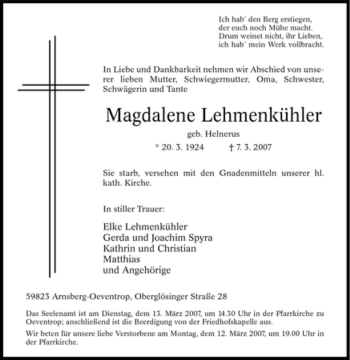Traueranzeige von Magdalene Lehmenkühler von Tageszeitung