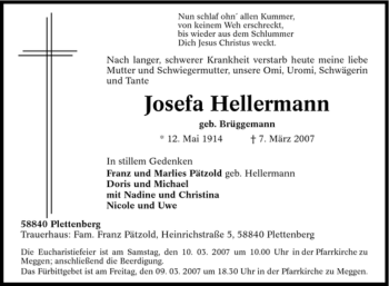 Traueranzeige von Josefa Hellermann von Tageszeitung