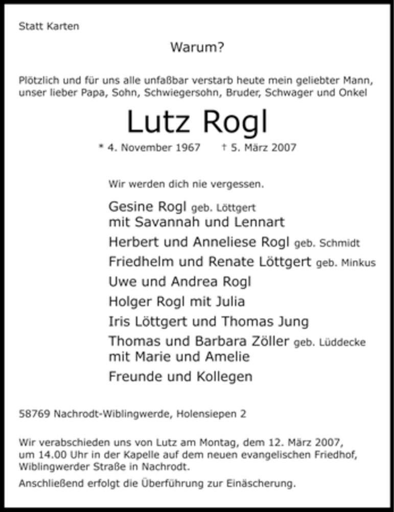  Traueranzeige für Lutz Rogl vom 08.03.2007 aus Tageszeitung