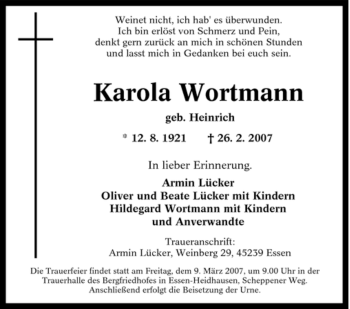 Traueranzeige von Karola Wortmann von Tageszeitung
