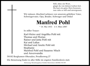 Traueranzeige von Manfred Pohl von Tageszeitung
