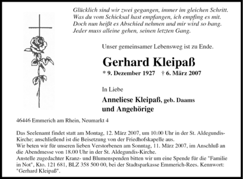  Traueranzeige für Gerhard Kleipaß vom 09.03.2007 aus Tageszeitung